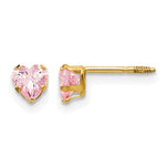 14K Yellow Gold 4mm Pink CZ Heart Earrings - Product Photo