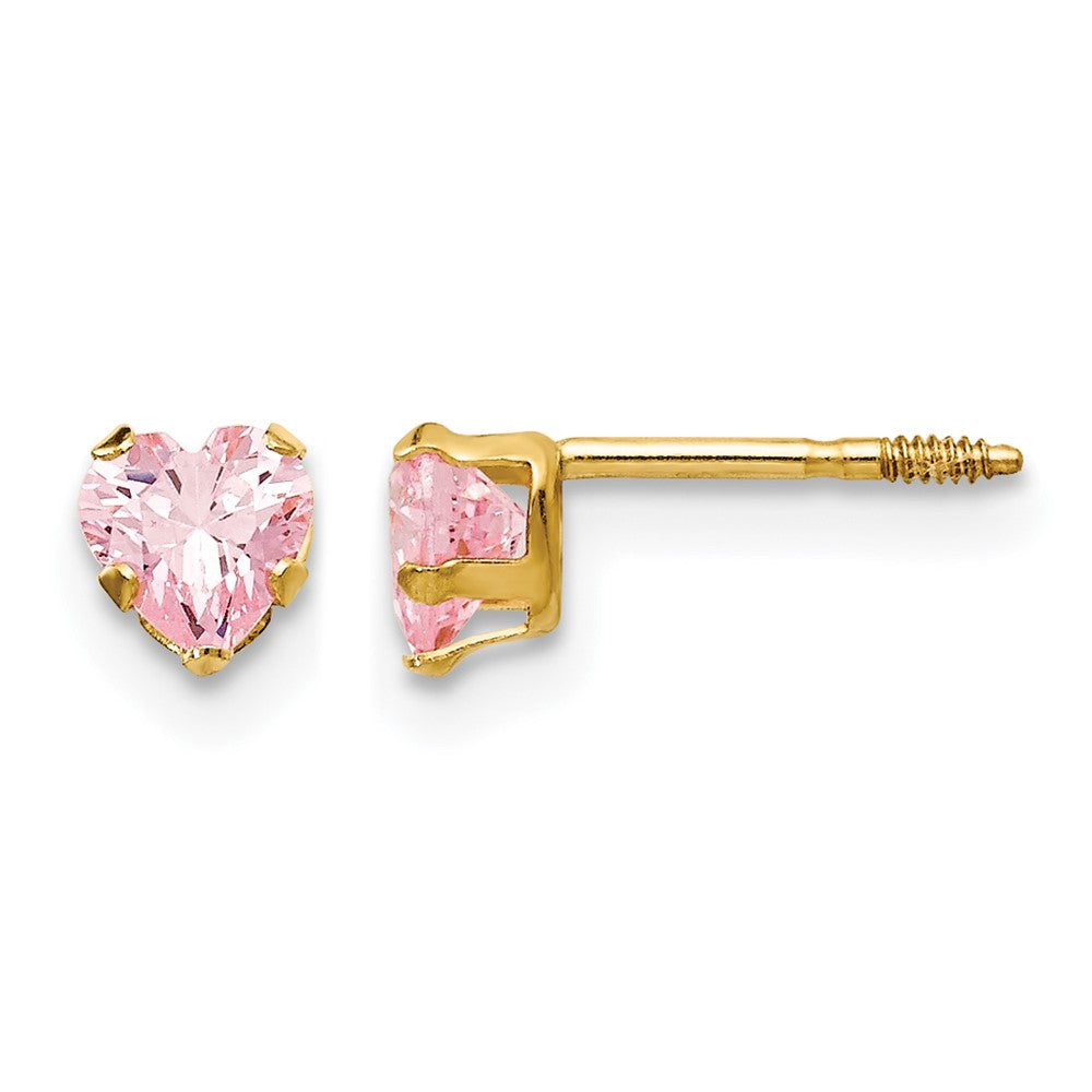 14K Yellow Gold 4mm Pink CZ Heart Earrings - Product Photo