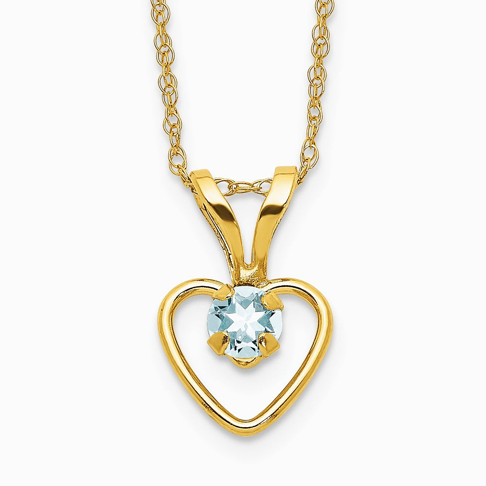 14K Yellow Gold 3mm Aquamarine Heart Birthstone Necklace - Product Photo