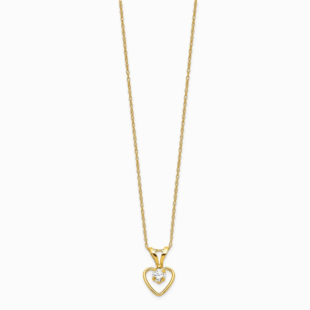 14K Yellow Gold 3mm White Zircon Heart Birthstone Necklace - Product Photo