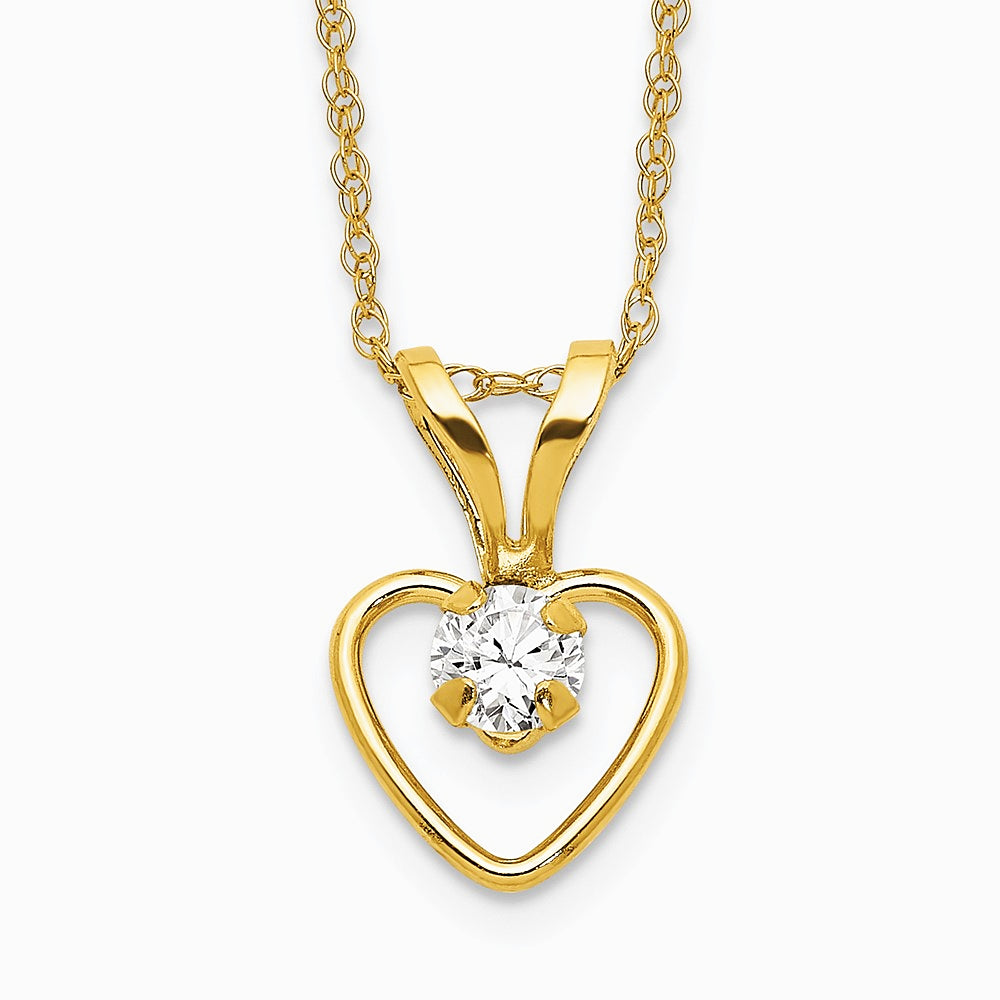 14K Yellow Gold 3mm White Zircon Heart Birthstone Necklace - Product Photo