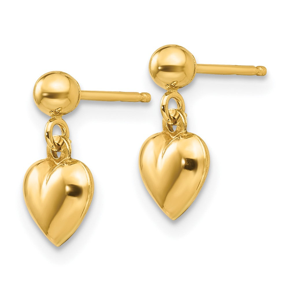 14K Yellow Gold Puffed Heart Post Dangle Earrings - Product Photo
