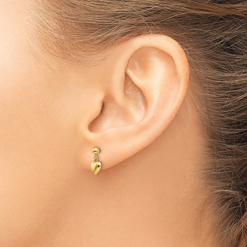 14K Yellow Gold Puffed Heart Post Dangle Earrings - Product Photo