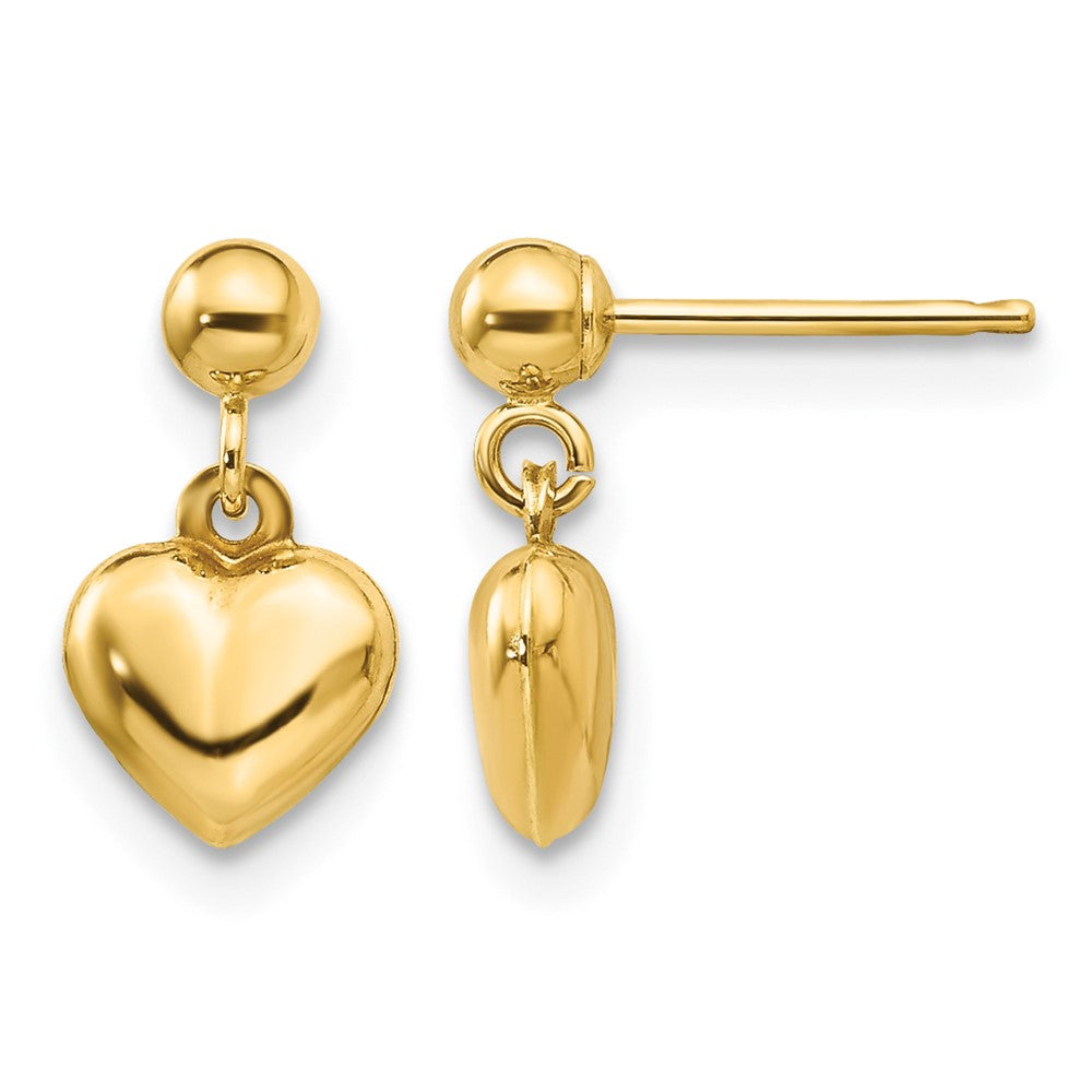 14K Yellow Gold Puffed Heart Post Dangle Earrings - Product Photo
