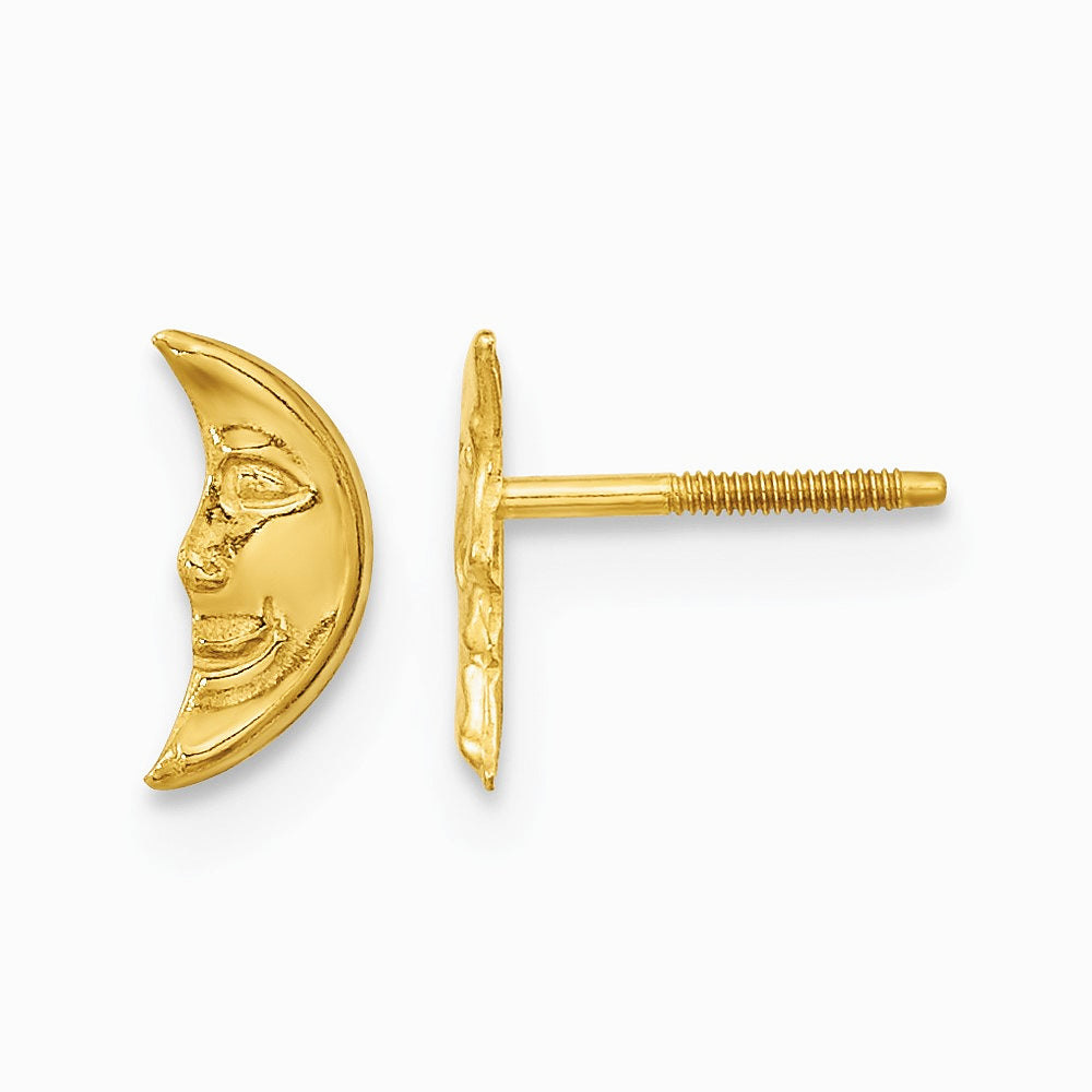 14K Yellow Gold Moon w/ face Post Earrings - Product Photo