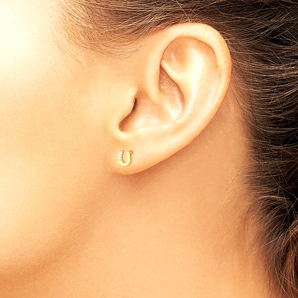 14K Yellow Gold CZ Children's Horseshoe Post Earrings - Product Photo