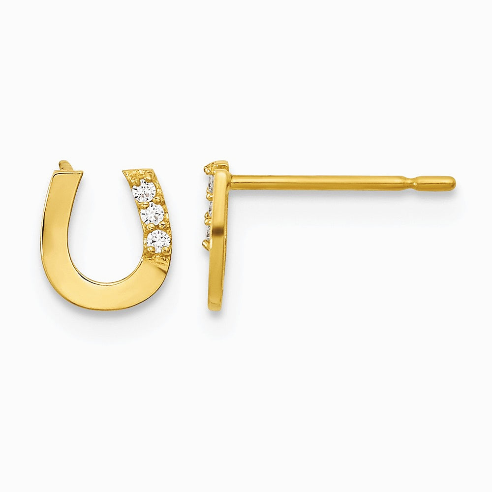 14K Yellow Gold CZ Children's Horseshoe Post Earrings - Product Photo