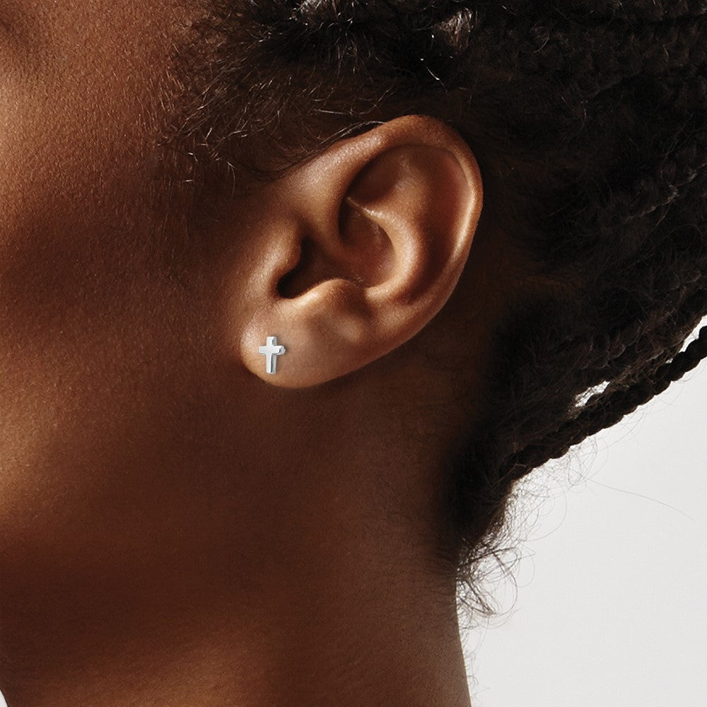 14k White Gold Madi K Children's Cross Post Earrings - Product Photo