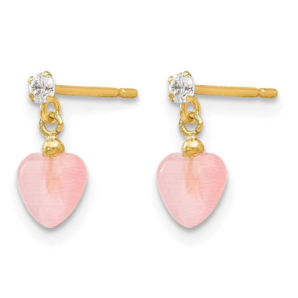 14k Madi K CZ and Pink Cat's Eye Heart Dangle Post Earrings - Product Photo