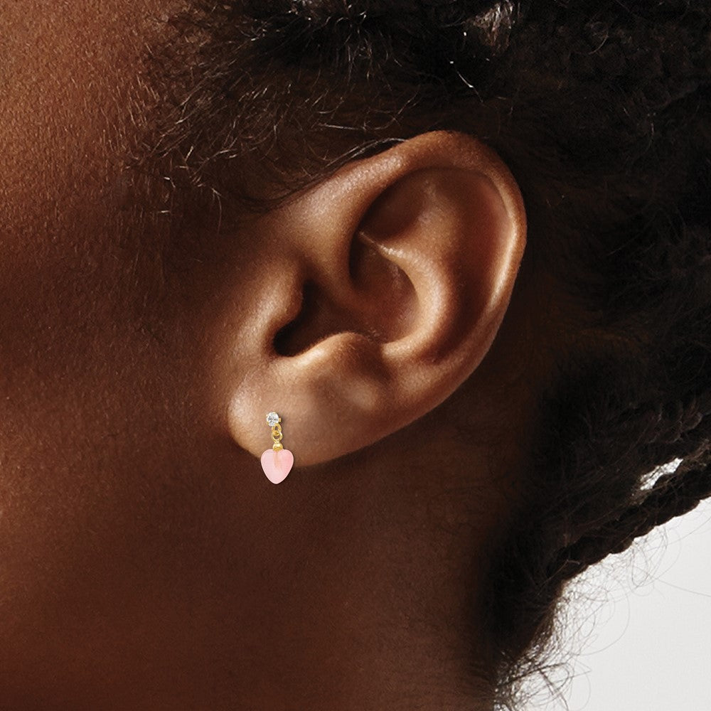 14k Madi K CZ and Pink Cat's Eye Heart Dangle Post Earrings - Product Photo
