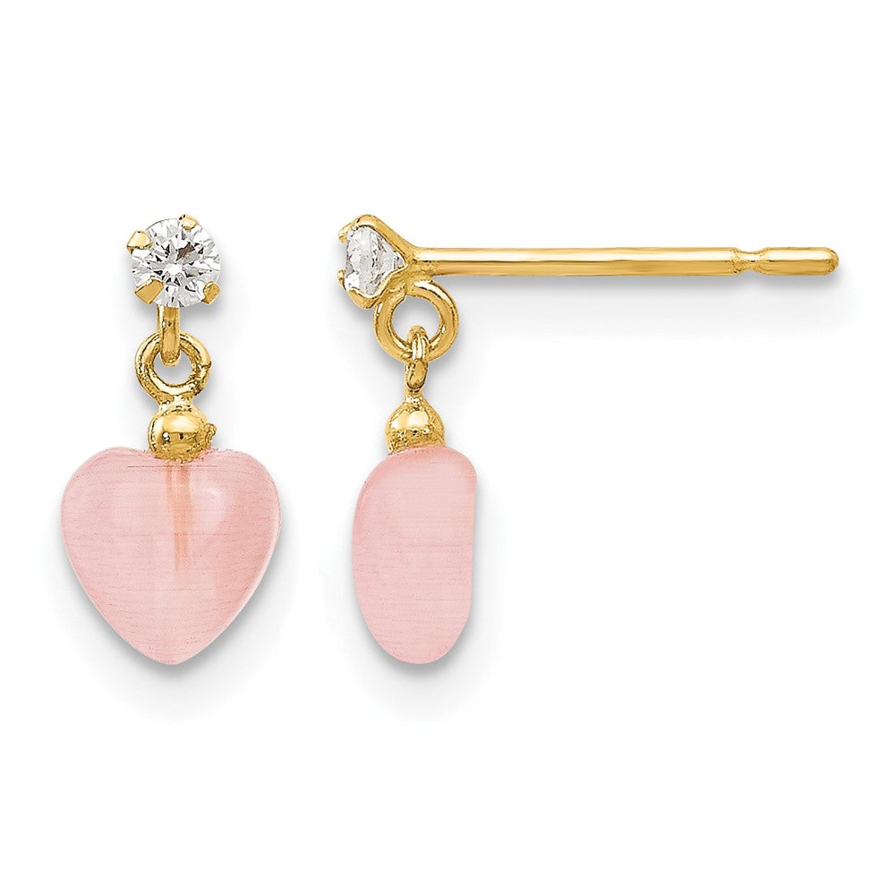 14k Madi K CZ and Pink Cat's Eye Heart Dangle Post Earrings - Product Photo