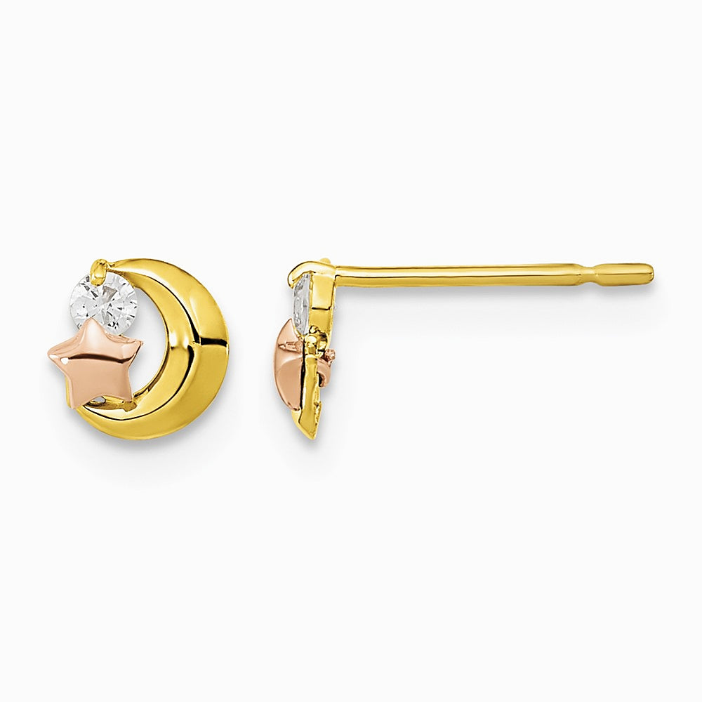 14K Two-tone Yellow & Rose Gold CZ Moon and Star Post Earrings