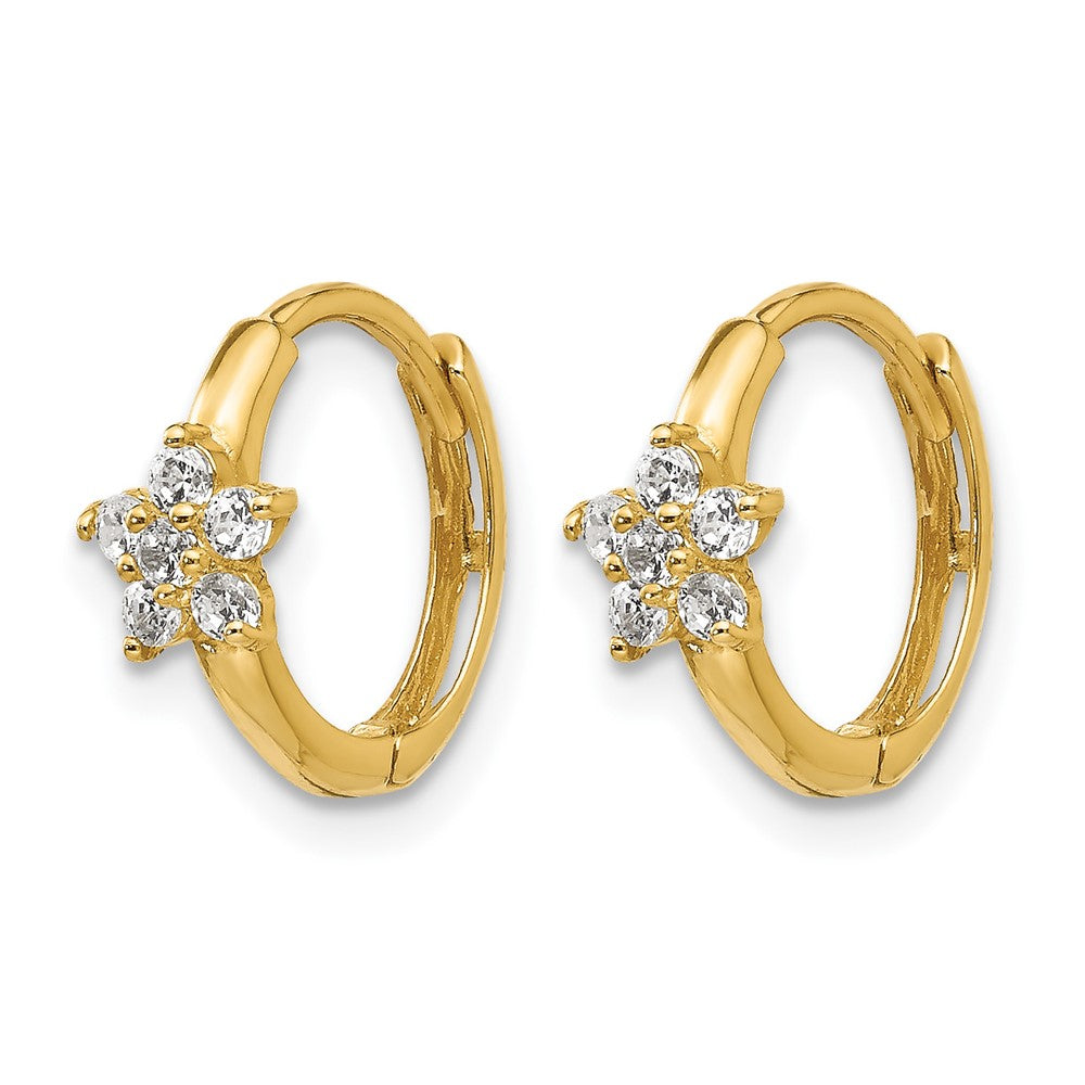 14K Yellow Gold CZ Children's Flower Hinged Hoop Earrings - Product Photo