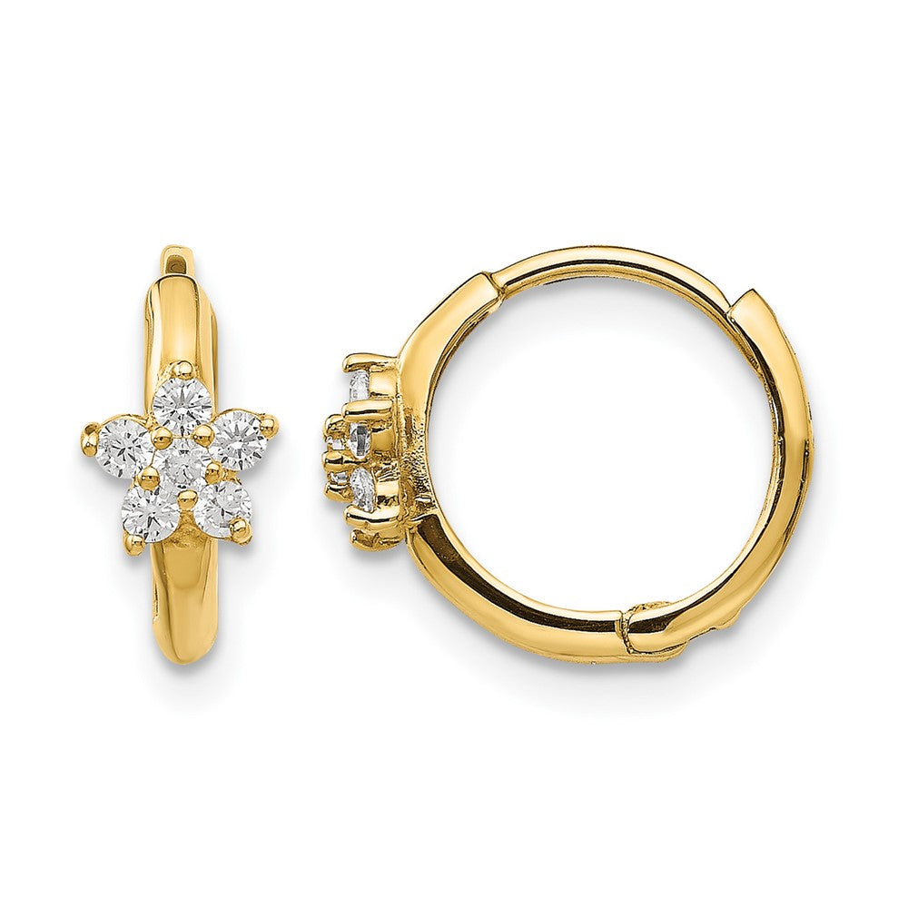 14K Yellow Gold CZ Children's Flower Hinged Hoop Earrings - Product Photo