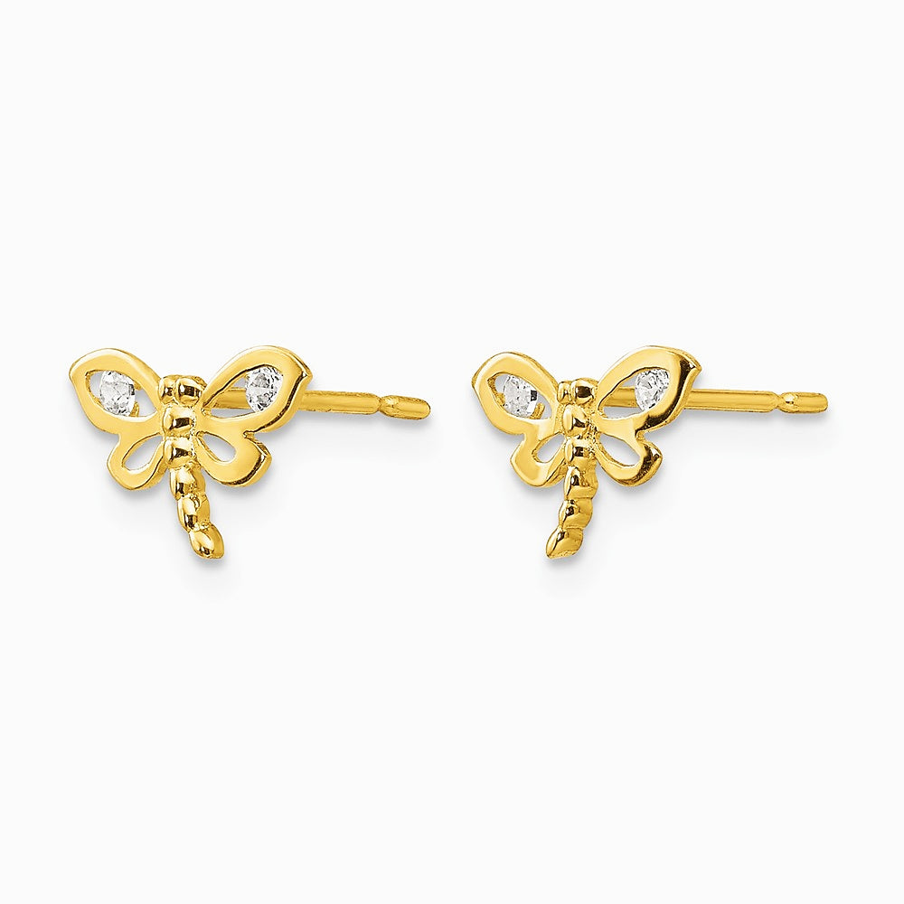 14K Yellow Gold CZ Children's Dragonfly Post Earrings - Product Photo