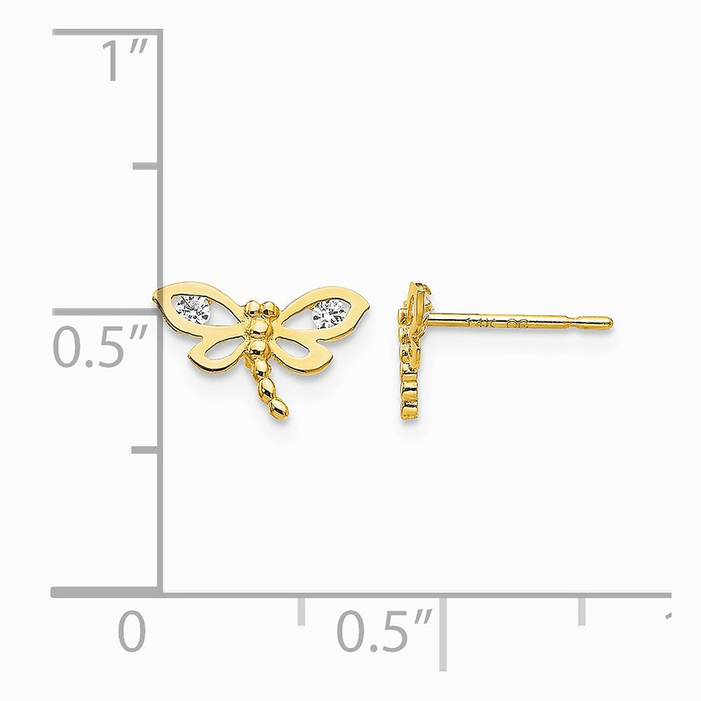 14K Yellow Gold CZ Children's Dragonfly Post Earrings - Product Photo