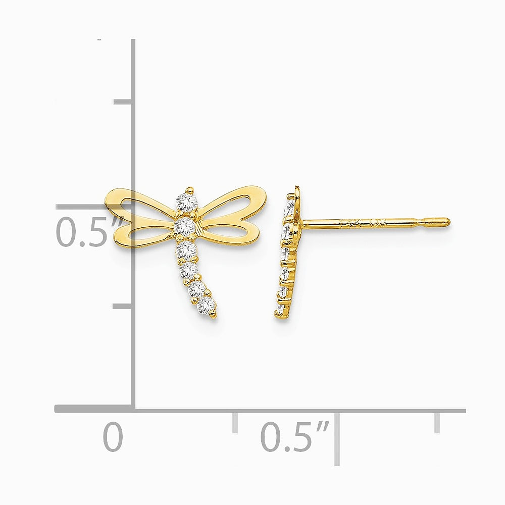 14K Yellow Gold CZ Children's Dragonfly Post Earrings - Product Photo