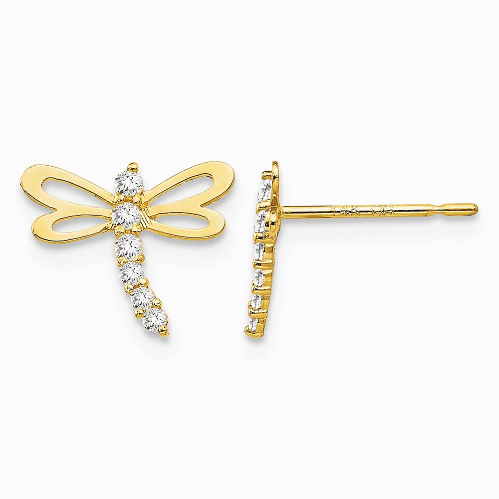 14K Yellow Gold CZ Children's Dragonfly Post Earrings - Product Photo