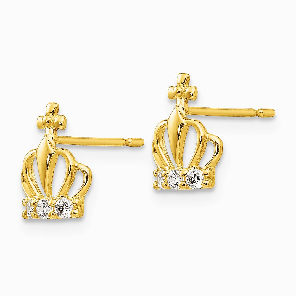 14K Yellow Gold CZ Children's Crown Post Earrings - Product Photo