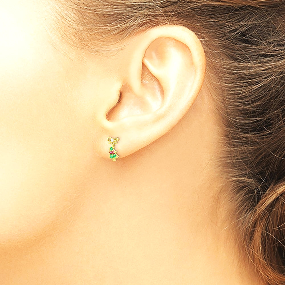 14K Yellow Gold CZ Children's Christmas Tree Dangle Post Earrings - Product Photo