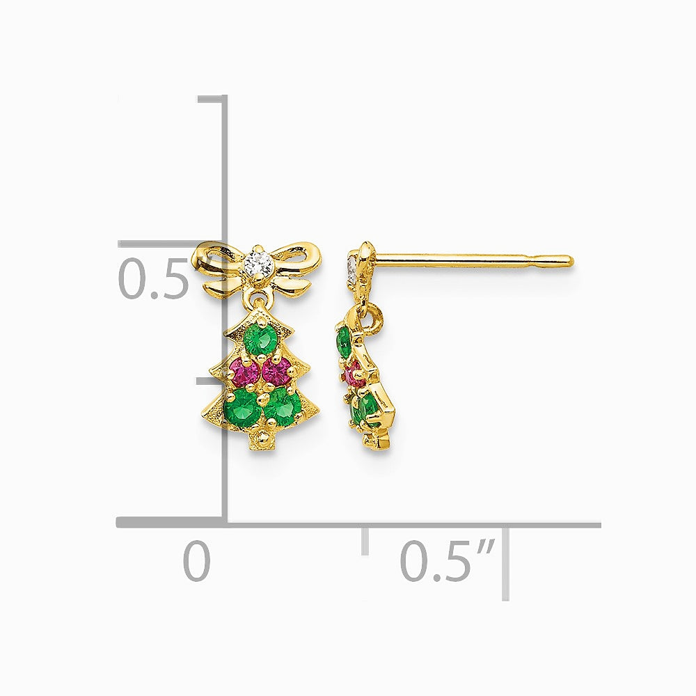 14K Yellow Gold CZ Children's Christmas Tree Dangle Post Earrings - Product Photo