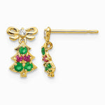 14K Yellow Gold CZ Children's Christmas Tree Dangle Post Earrings - Product Photo