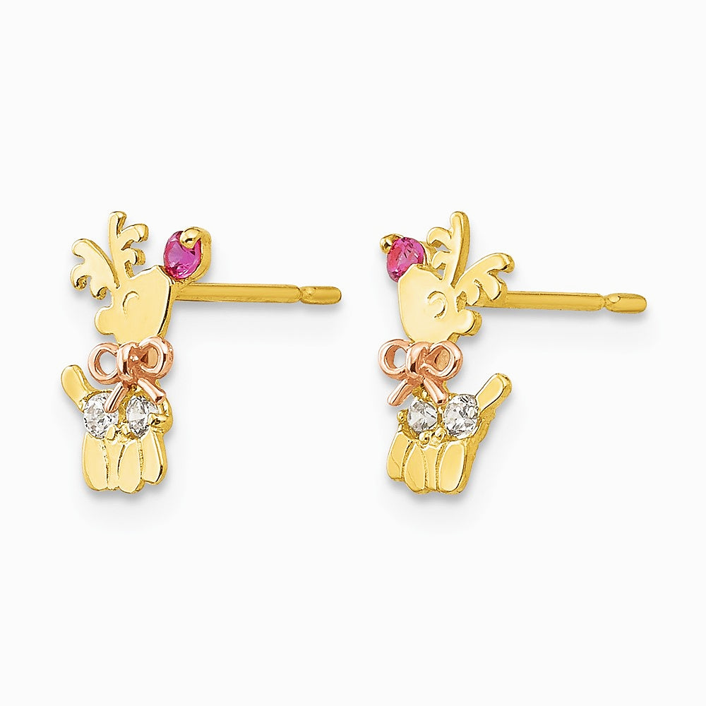 14K Two-tone Yellow & Rose Gold CZ Children's Reindeer Post Earrings - Product Photo