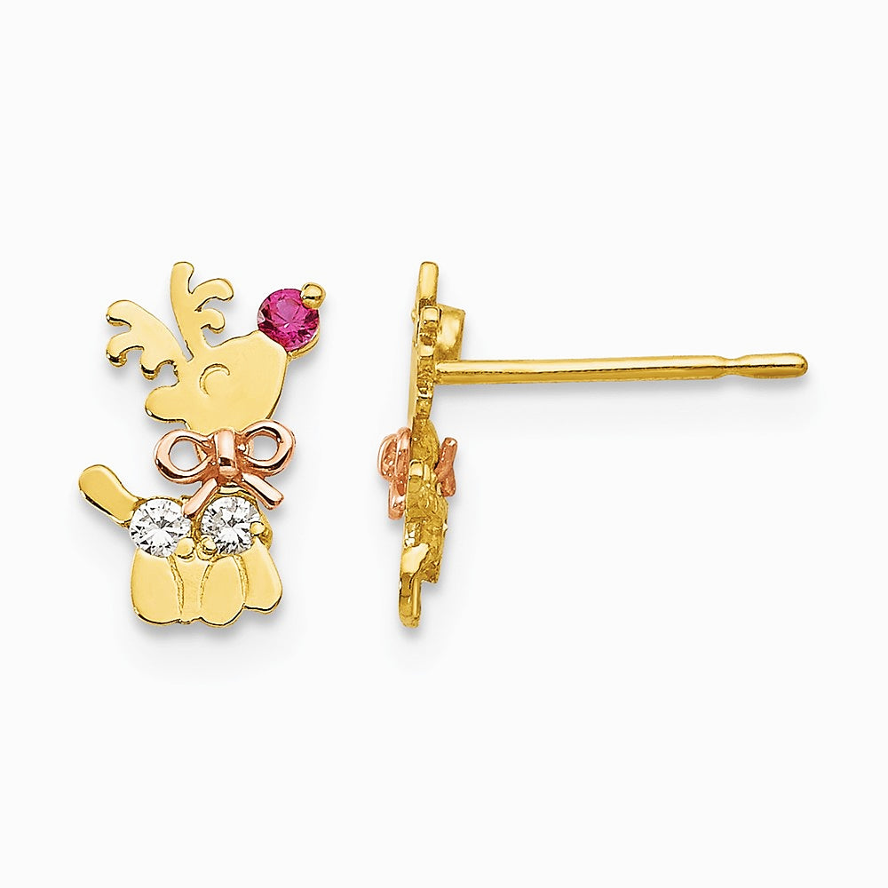14K Two-tone Yellow & Rose Gold CZ Children's Reindeer Post Earrings - Product Photo