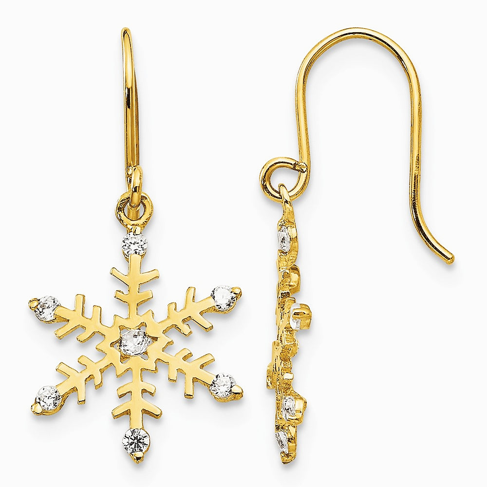 14K Yellow Gold CZ Children's Snowflake Dangle Earrings