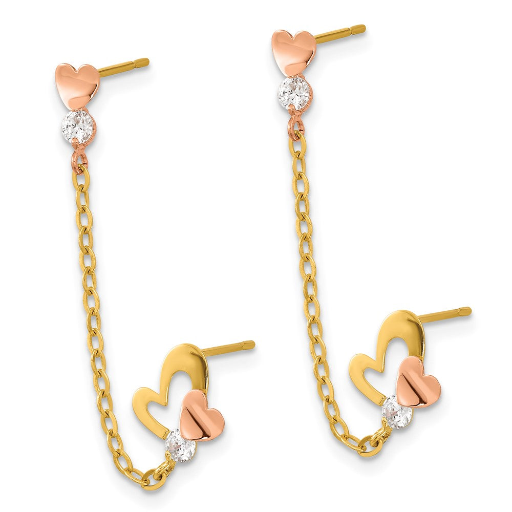 14k Madi K Two-tone CZ Double Post w/Chain Heart Earring - Product Photo