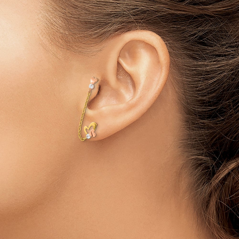 14k Madi K Two-tone CZ Double Post w/Chain Heart Earring - Product Photo