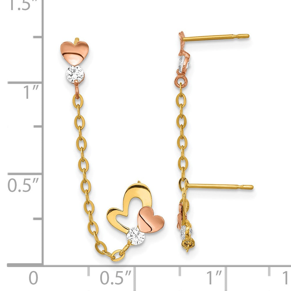 14k Madi K Two-tone CZ Double Post w/Chain Heart Earring - Product Photo