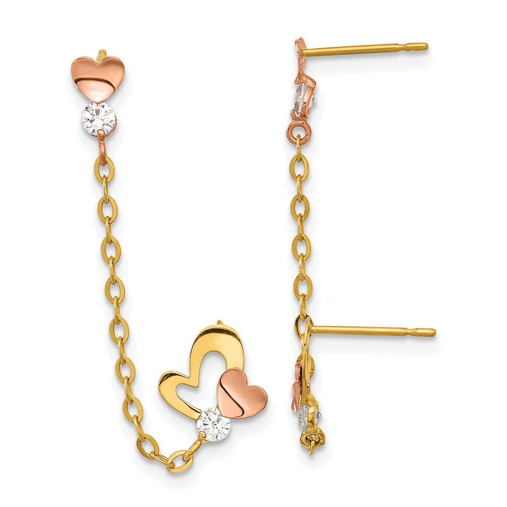 14k Madi K Two-tone CZ Double Post w/Chain Heart Earring - Product Photo