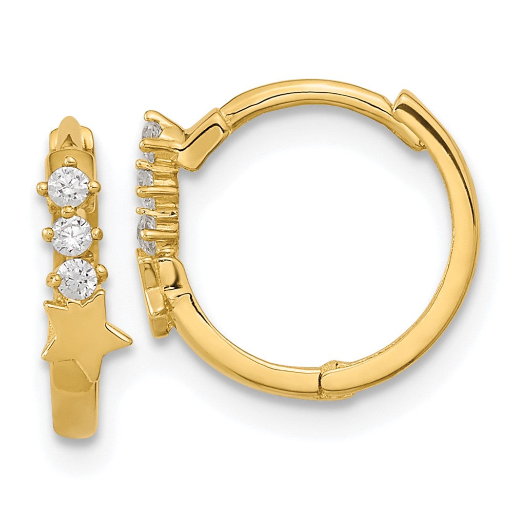 14K Yellow Gold CZ Shooting Star Hinged Hoop Earrings
