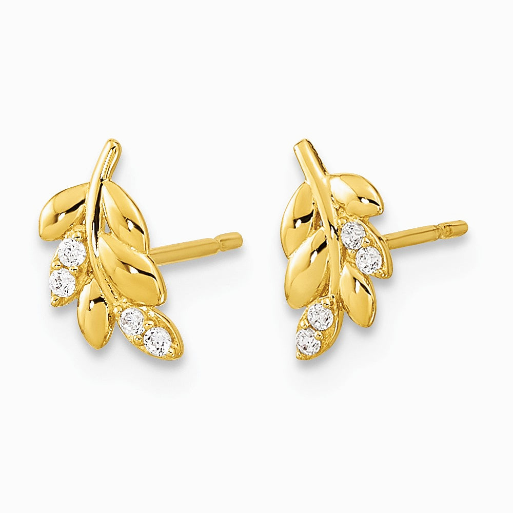 14K Yellow Gold Kids CZ Fern Leaf Post Earrings - Product Photo