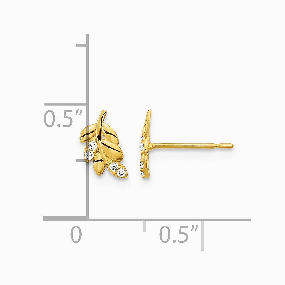 14K Yellow Gold Kids CZ Fern Leaf Post Earrings - Product Photo