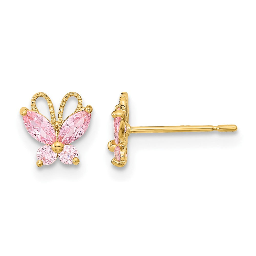 14K Yellow Gold Kids Pink CZ Butterfly Post Earrings