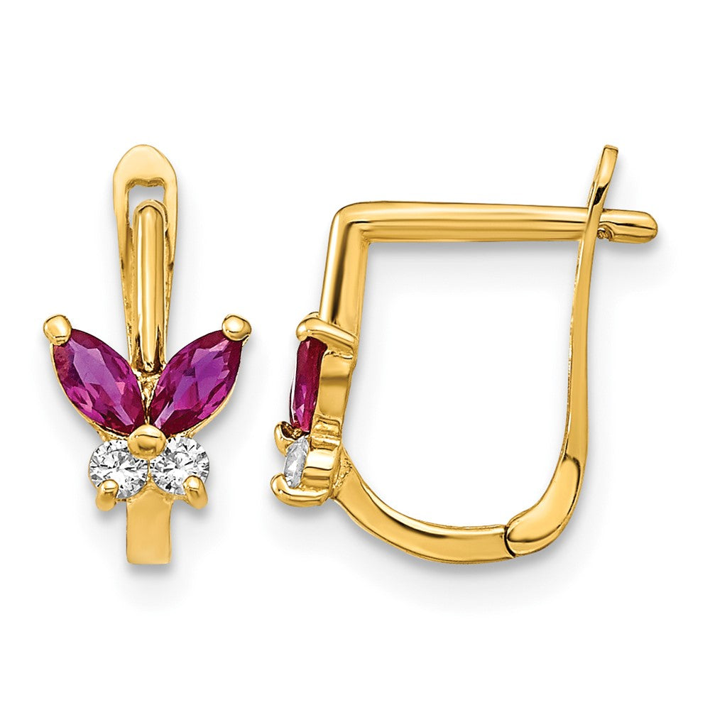14K Yellow Gold Polished Red and White CZ Butterfly Hoops
