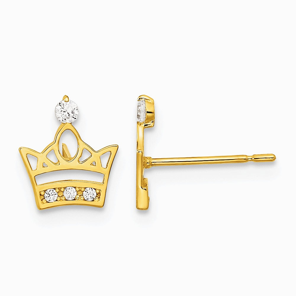 14K Yellow Gold Kids CZ Crown Post Earrings
