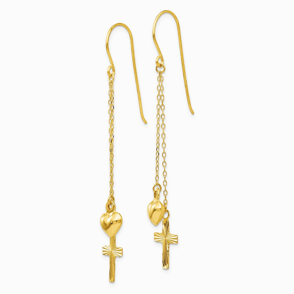 14K Yellow Gold Ropa Chain Puffed Heart and Diamond Cut Cross Dangle Earrings - Product Photo