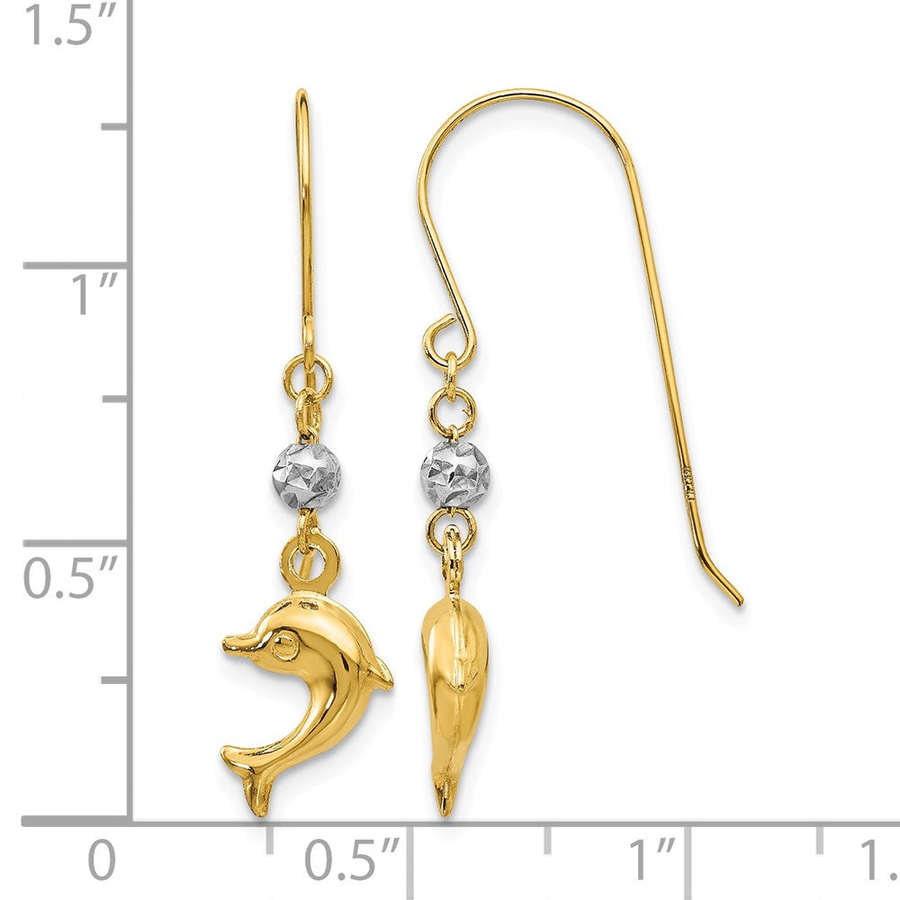14K Two Toned Puffed Dolphin Shepherd Hook Earrings - Product Photo
