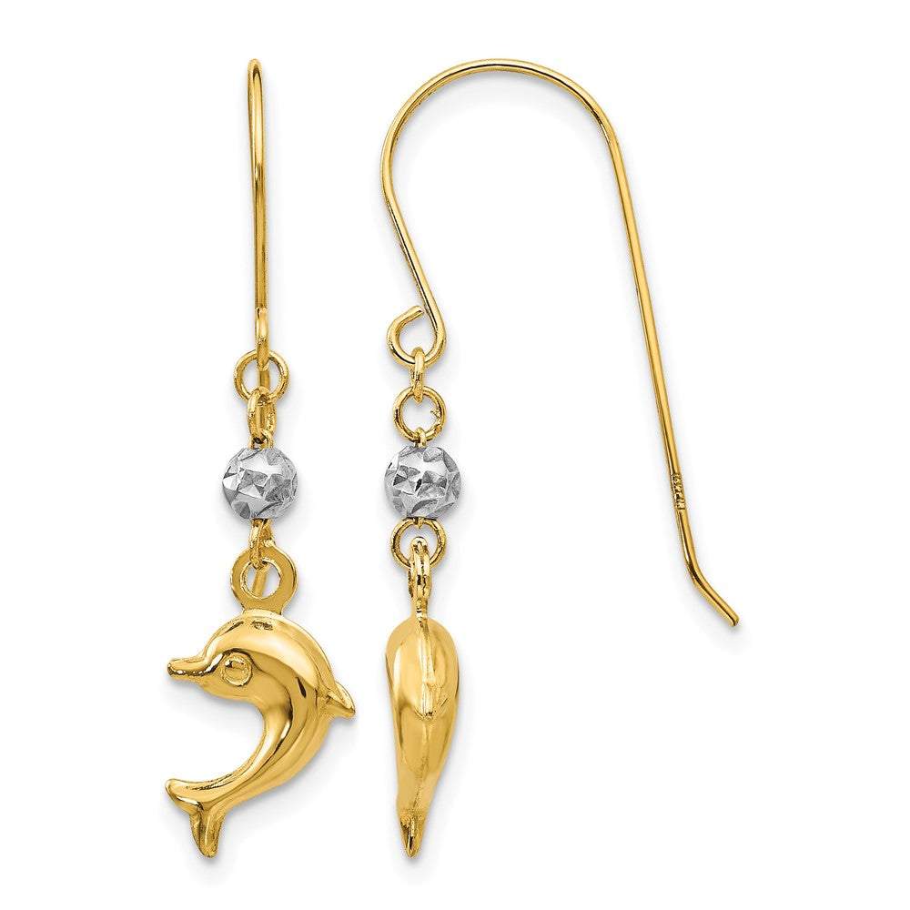 14K Two-tone Two Toned Puffed Dolphin Shepherd Hook Earrings