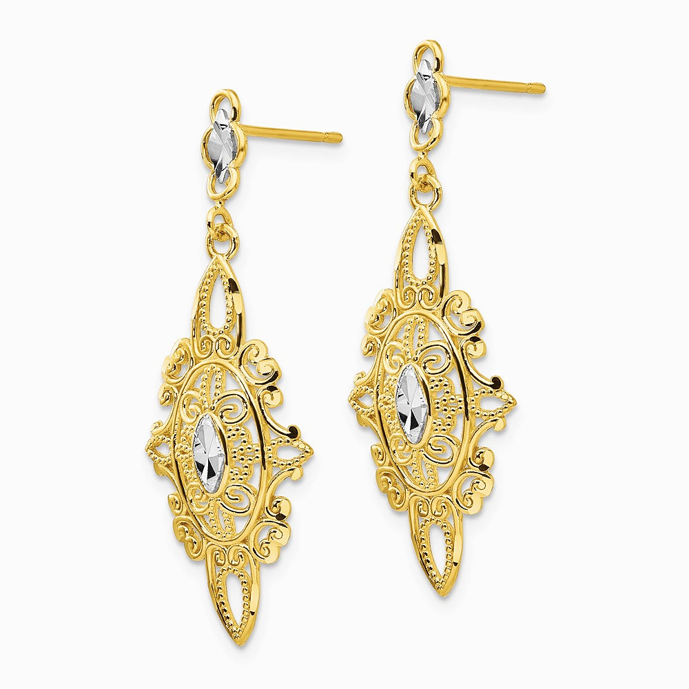 14K Yellow & Rhodium Rhodium Diamond-cut Filigree Earrings - Product Photo