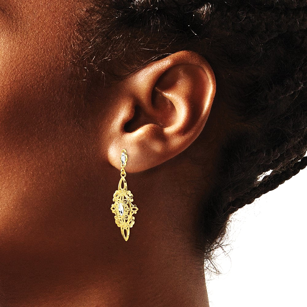 14K Yellow & Rhodium Rhodium Diamond-cut Filigree Earrings - Product Photo