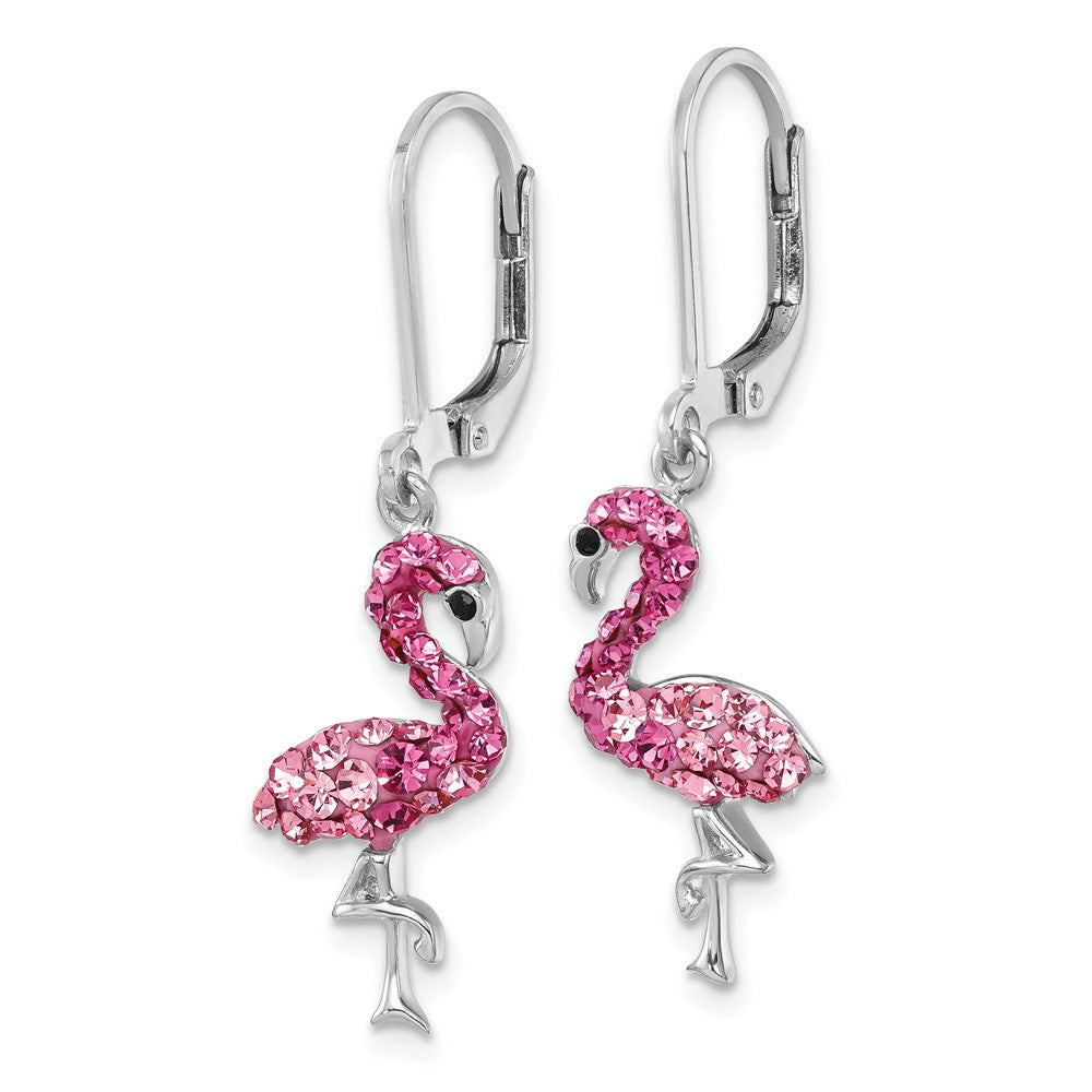 Sterling Silver Rhodium-plated Pink Crystal Flamingo Leverback Earrings - Product Photo