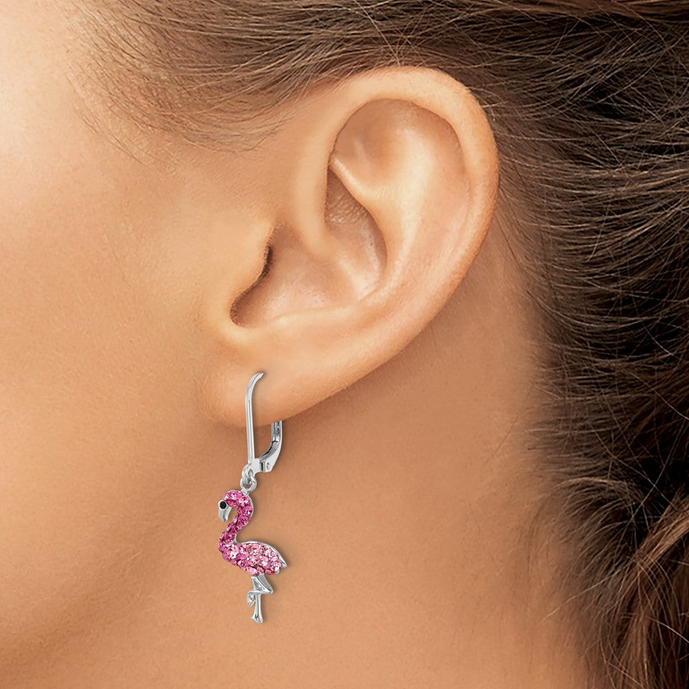 Sterling Silver Rhodium-plated Pink Crystal Flamingo Leverback Earrings - Product Photo