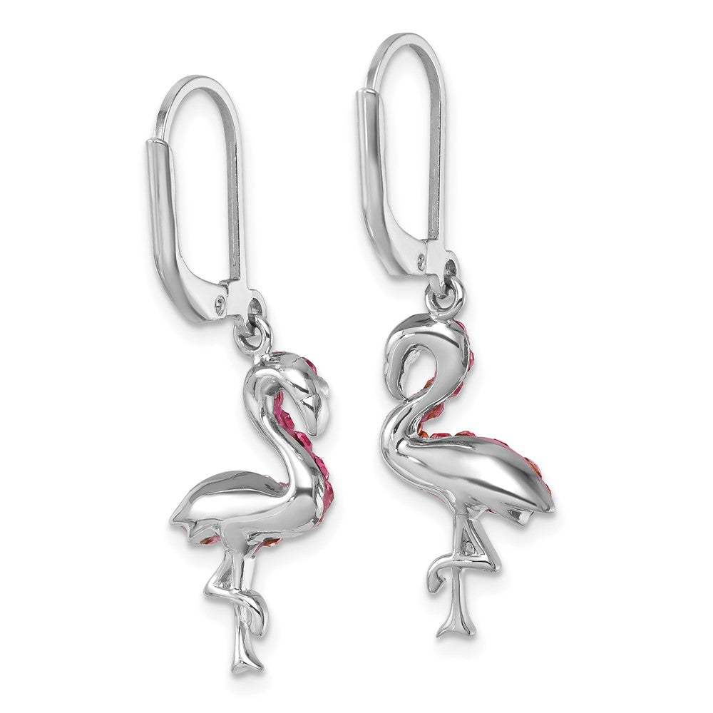 Sterling Silver Rhodium-plated Pink Crystal Flamingo Leverback Earrings - Product Photo