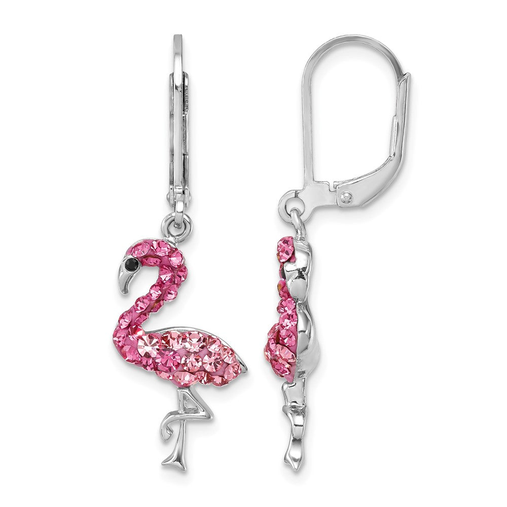 Sterling Silver Rhodium-plated Pink Crystal Flamingo Leverback Earrings - Product Photo