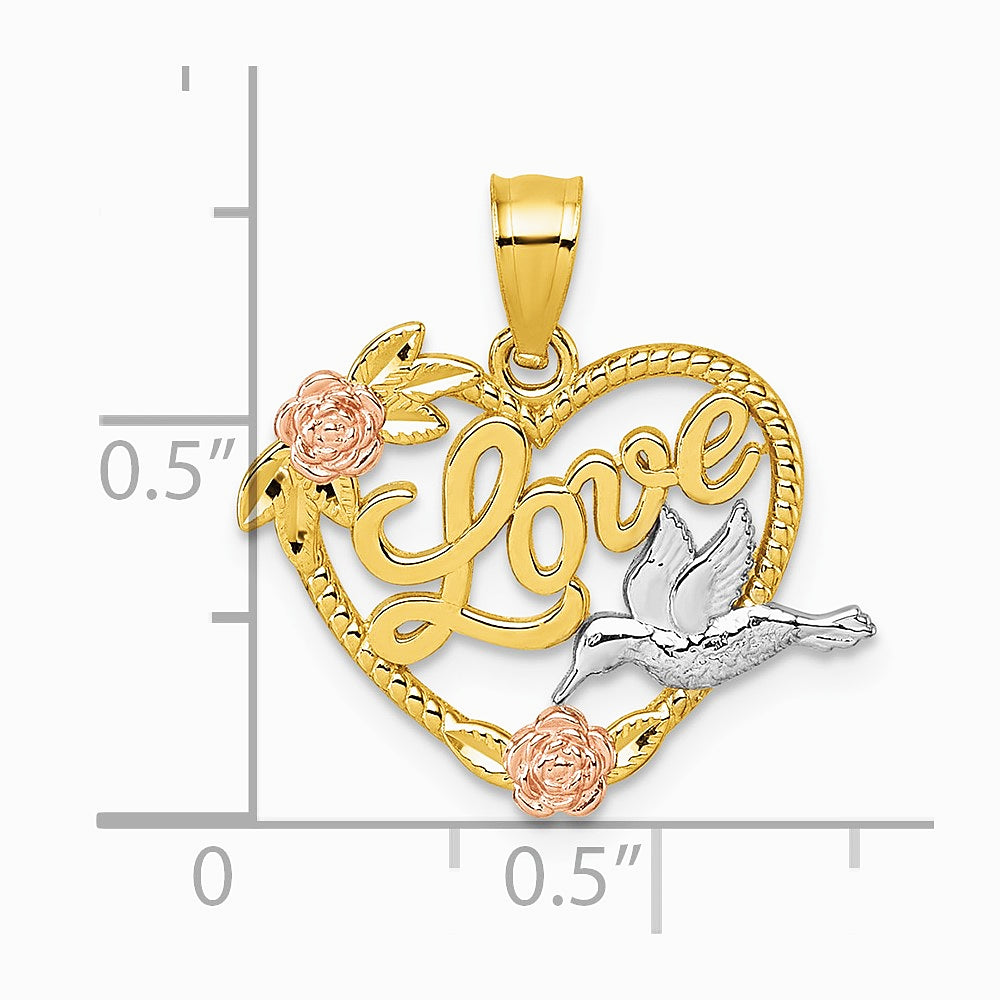 14K Two-tone & White Rhodium Polish Love Floral And Bird Heart Pendant - Product Photo