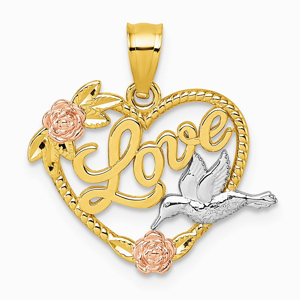 14K Two-tone & White Rhodium Polish Love Floral And Bird Heart Pendant - Product Photo